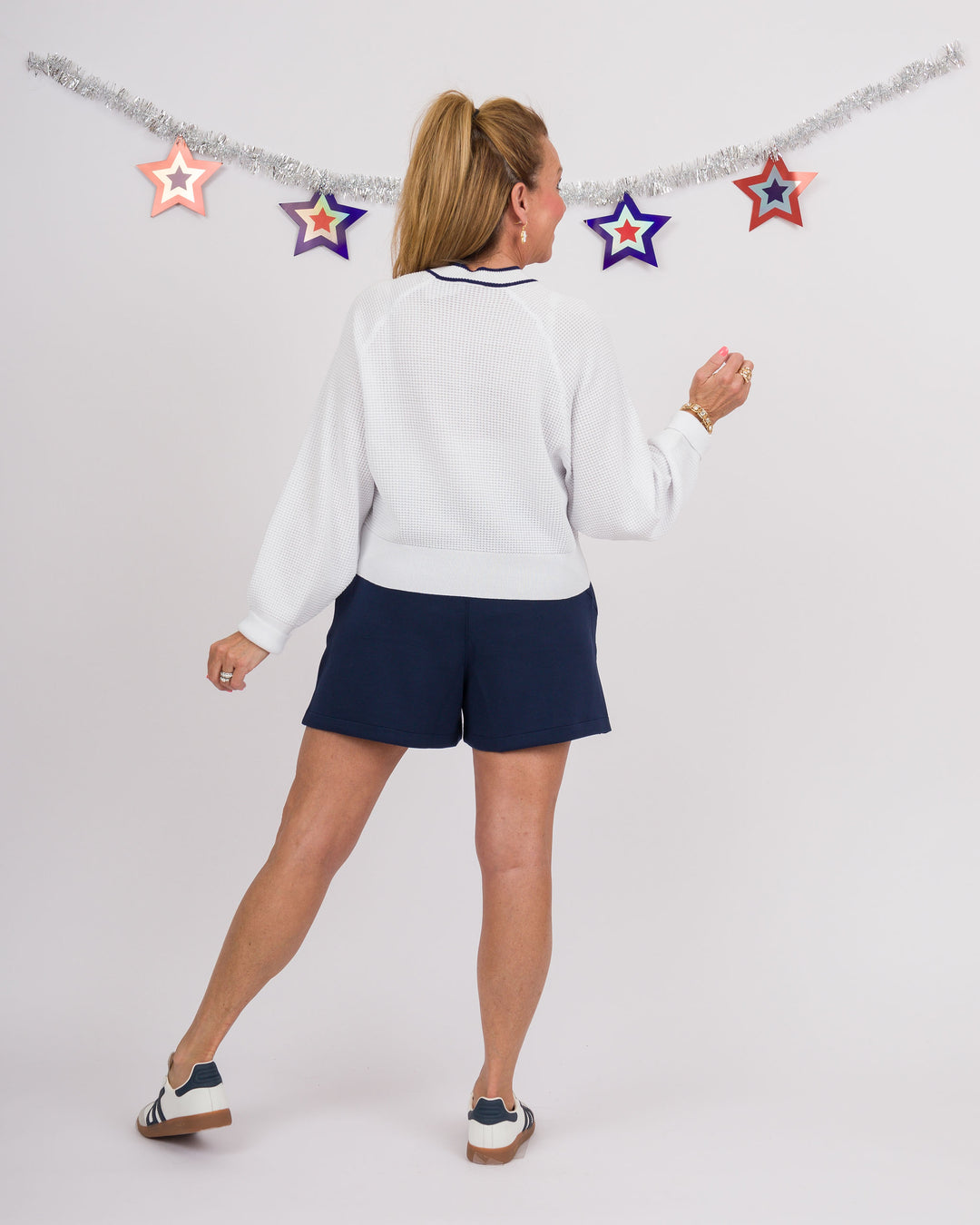 Kerisma Deuce Dolman Waffle Knit Top - White with Navy