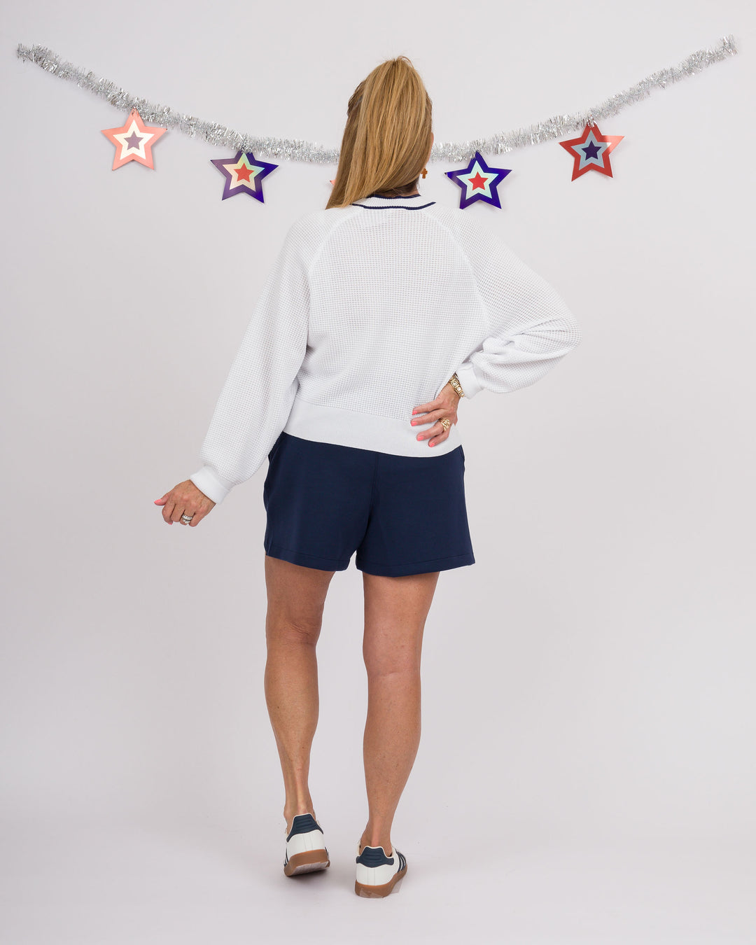 Kerisma Deuce Dolman Waffle Knit Top - White with Navy