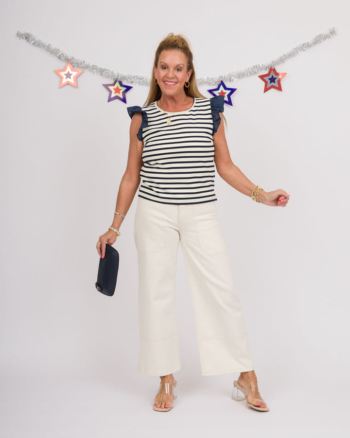 Navy Striped Ruffle Short Sleeve Top