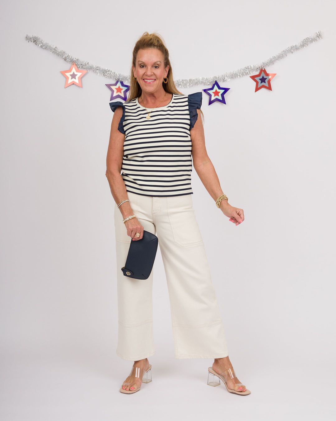 Navy Striped Ruffle Short Sleeve Top