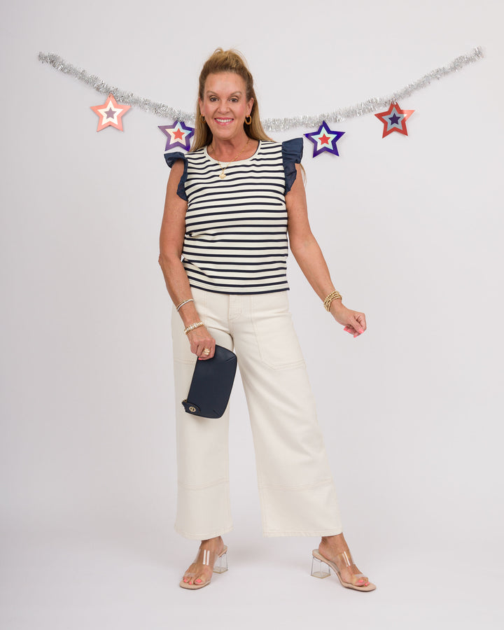 Navy Striped Ruffle Short Sleeve Top