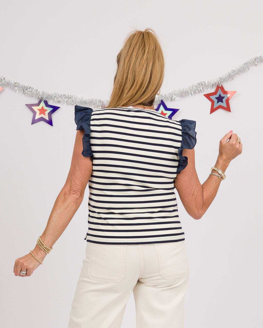 Navy Striped Ruffle Short Sleeve Top