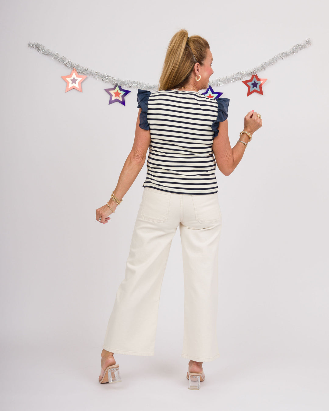 Navy Striped Ruffle Short Sleeve Top