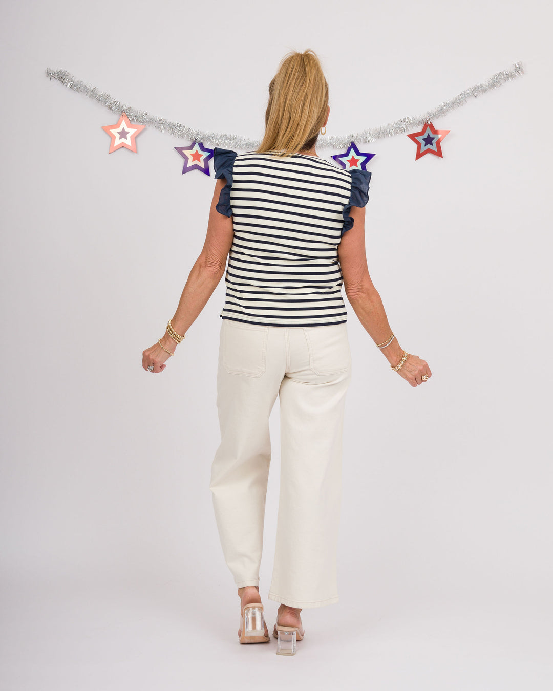 Navy Striped Ruffle Short Sleeve Top