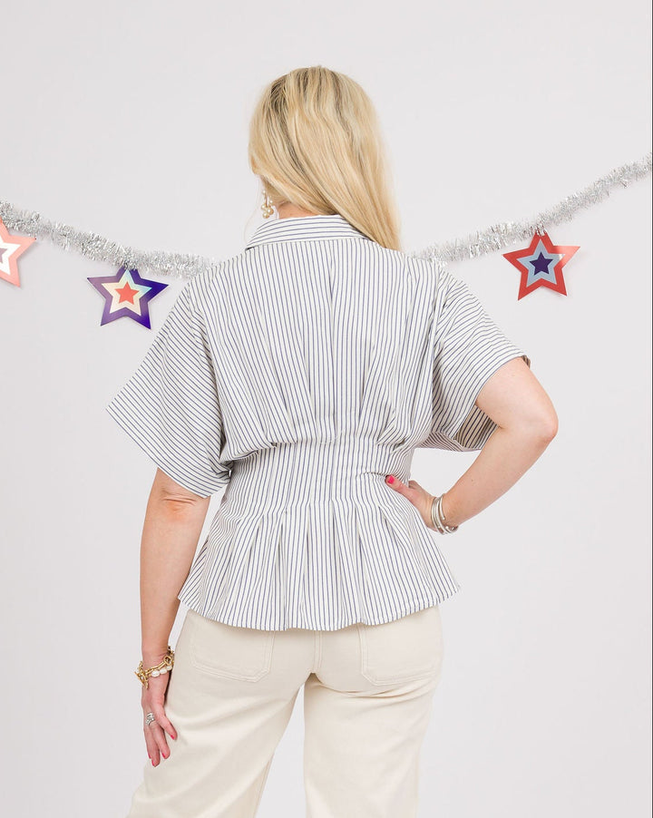 Denim Blue Striped Pleated Top
