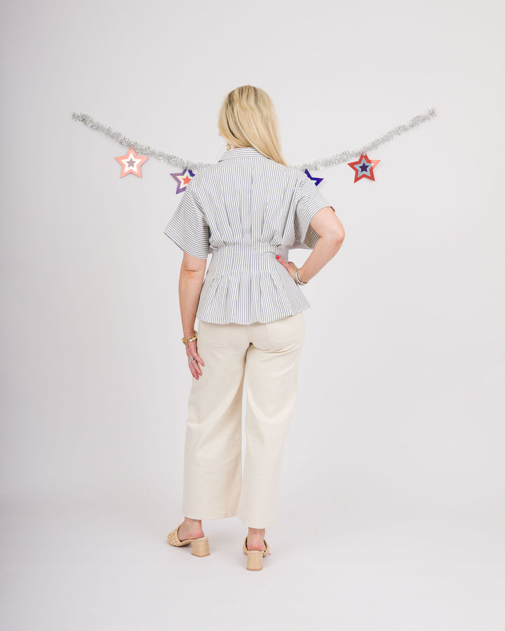 Denim Blue Striped Pleated Top