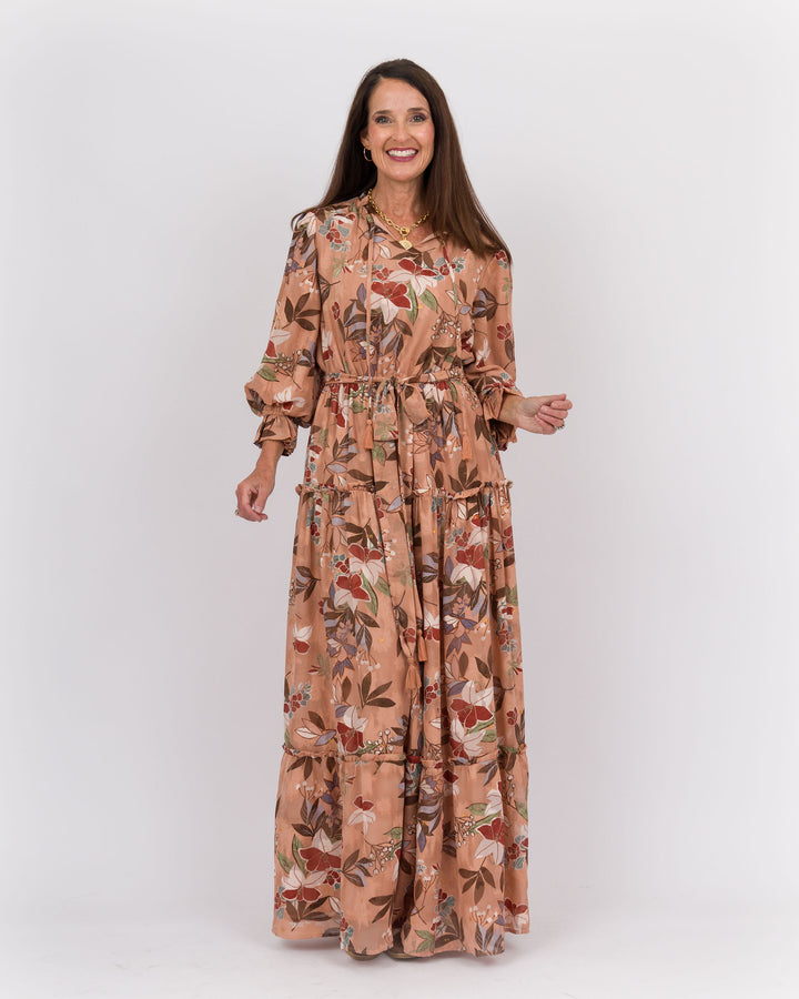 Ruffle Neck Midi Dress Brown