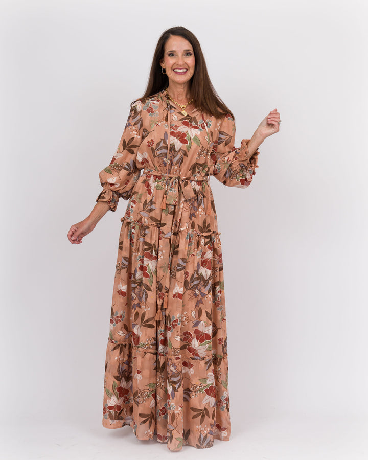 Ruffle Neck Midi Dress Brown