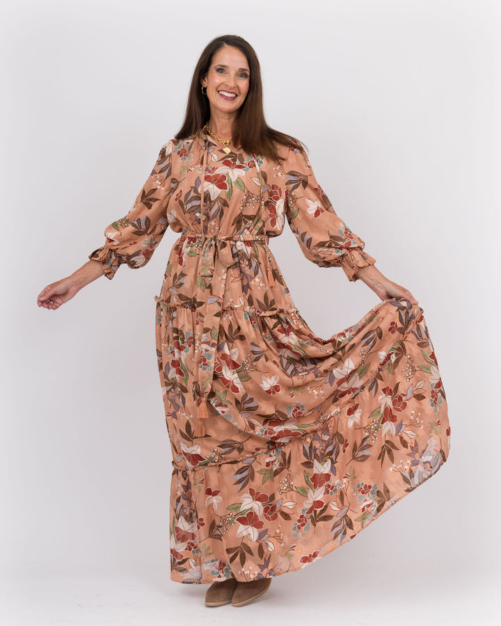 Ruffle Neck Midi Dress Brown