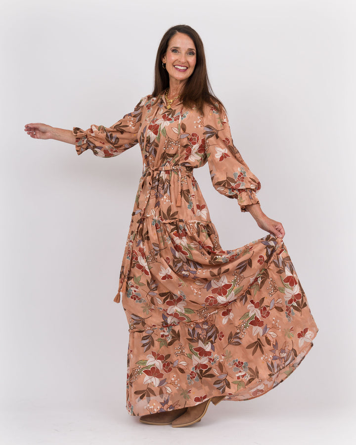 Ruffle Neck Midi Dress Brown