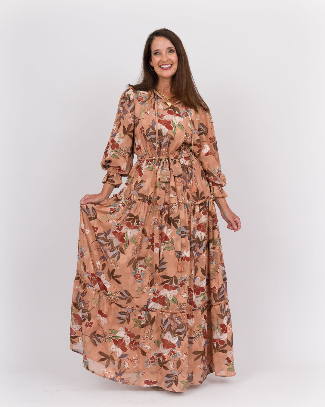 Ruffle Neck Midi Dress Brown