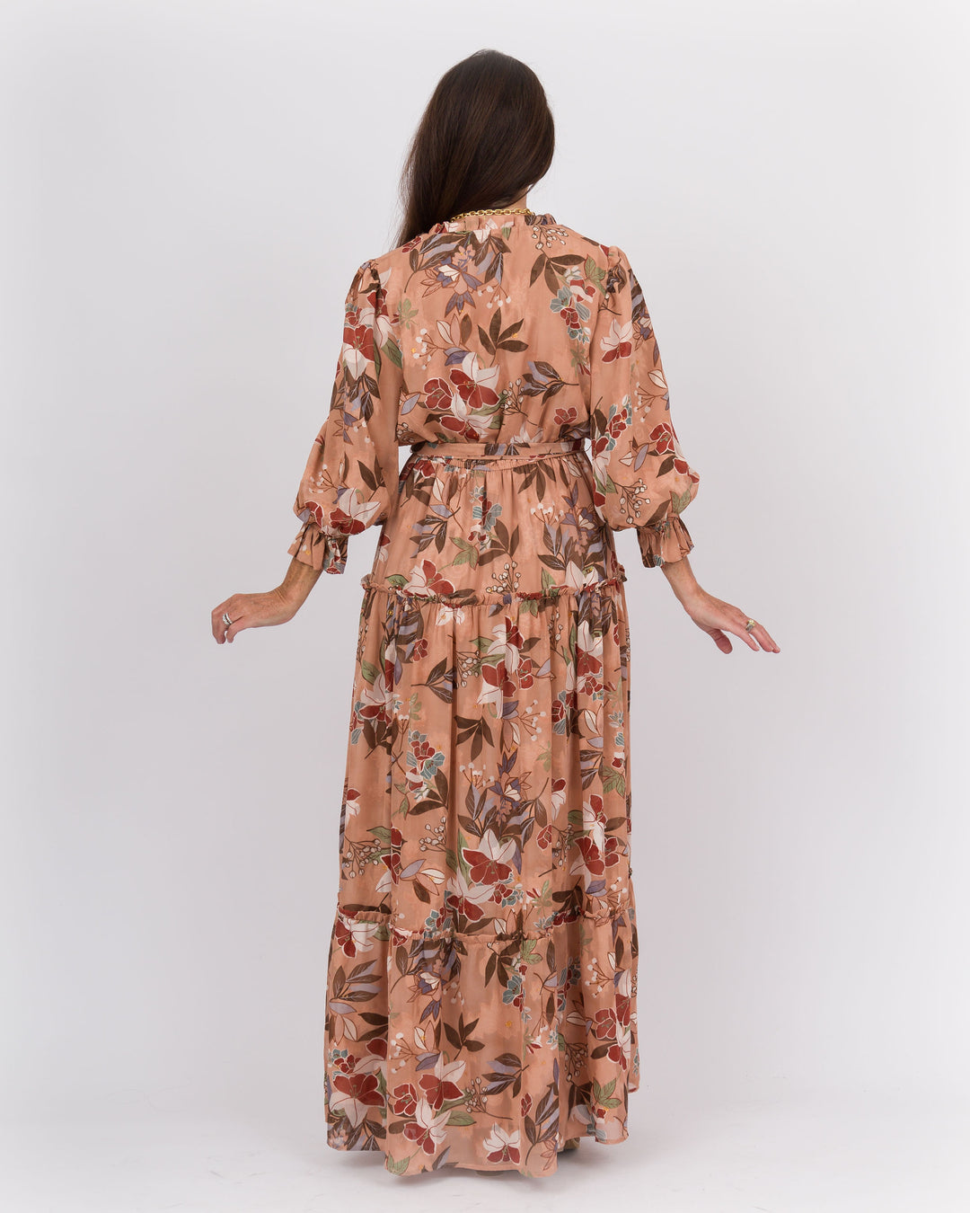 Ruffle Neck Midi Dress Brown