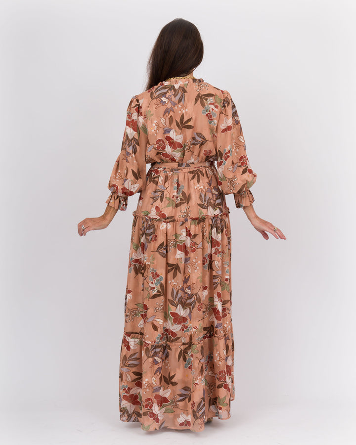 Ruffle Neck Midi Dress Brown