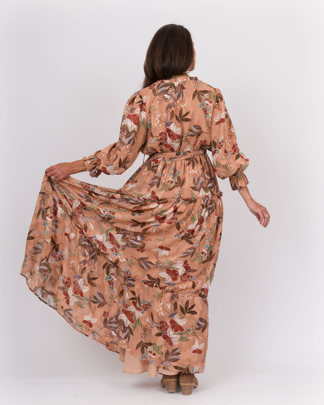 Ruffle Neck Midi Dress Brown