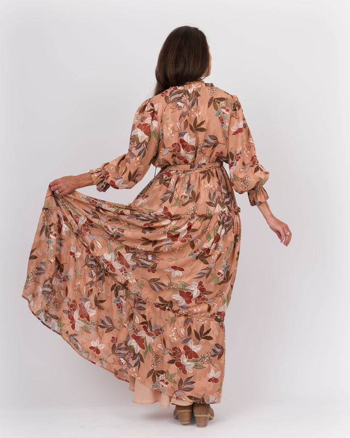 Ruffle Neck Midi Dress Brown