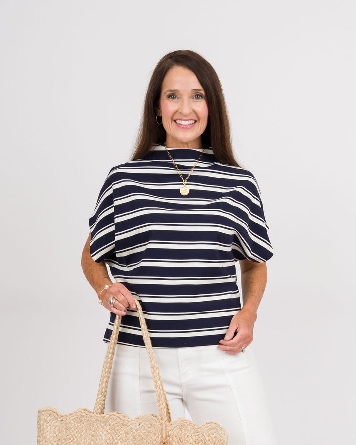 Navy Striped Box Neck Top