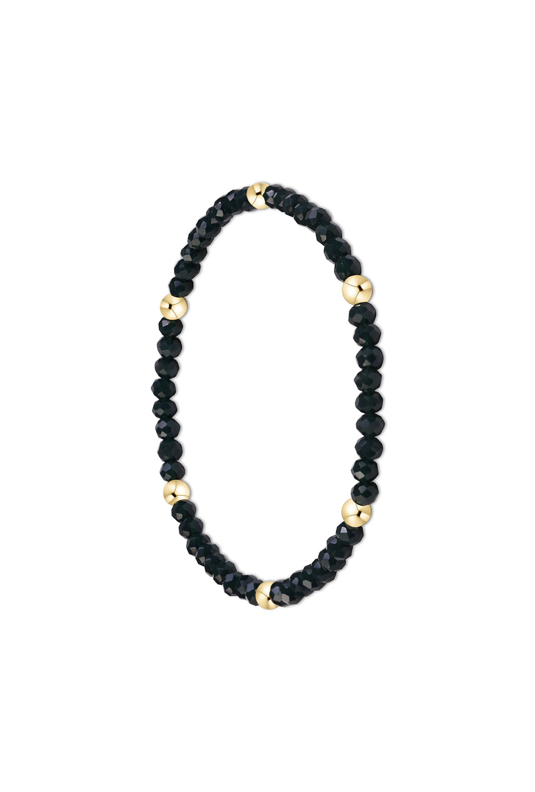 A beaded stretch bracelet featuring faceted black beads and polished gold spacer beads, arranged in a circular shape on a plain white background.