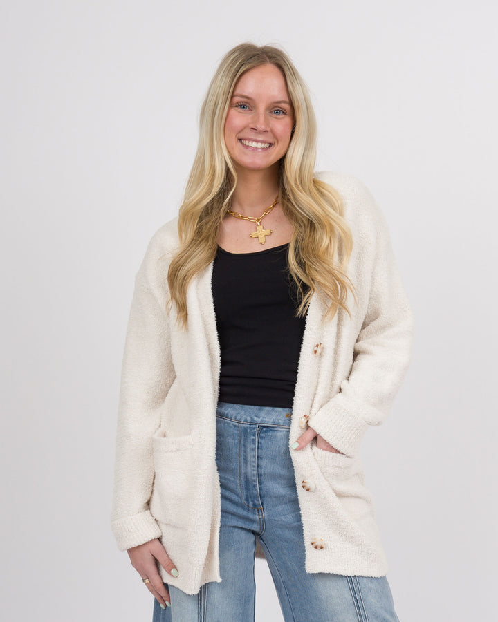 Solid Marshmallow 28" Button Cardigan Sweater - Almond-Final Sale