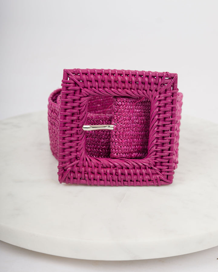 Large Square Buckle Straw Belt - Hot Pink