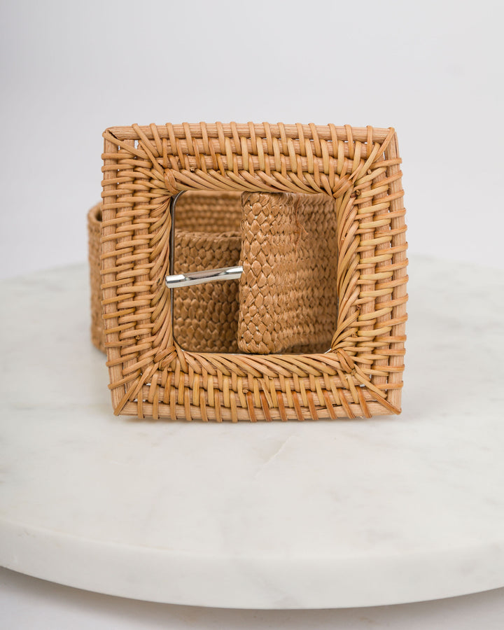 Large Square Buckle Straw Belt - Tan