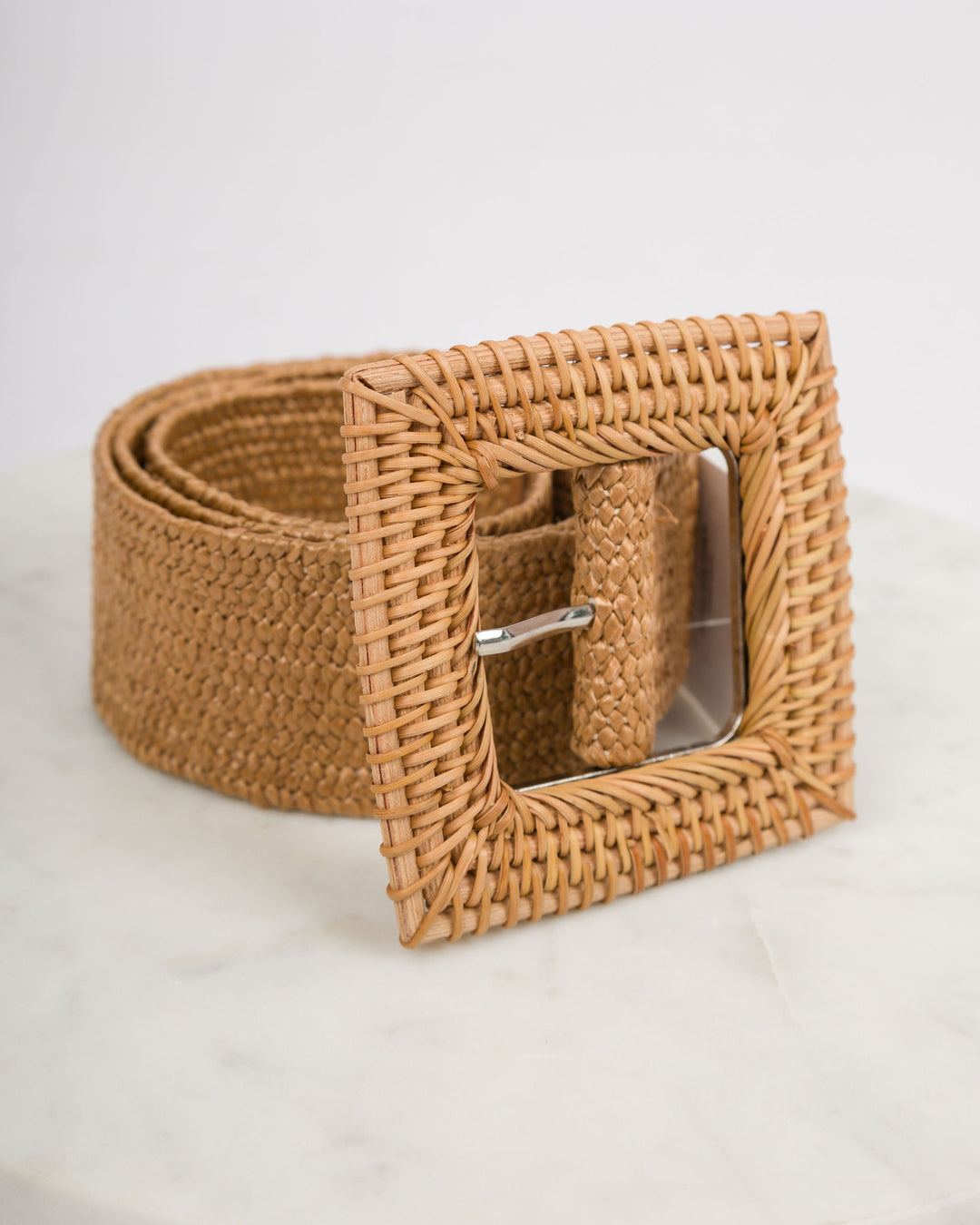 Large Square Buckle Straw Belt - Tan
