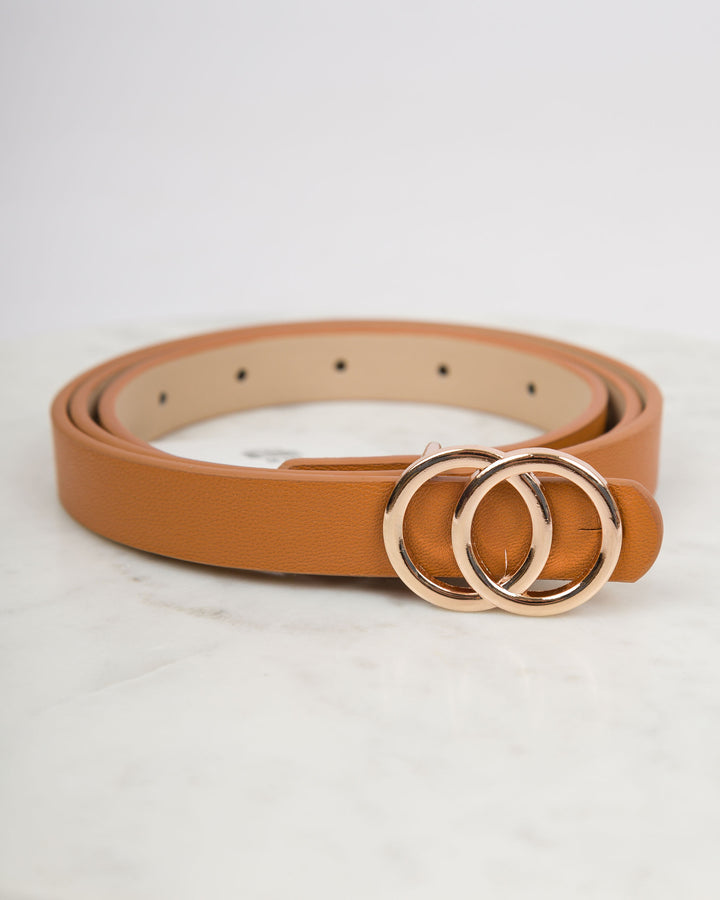 Small Leather Belt Gold Buckle - Tan