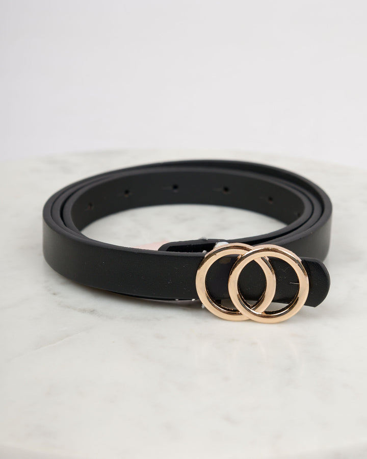 Small Leather Belt Gold Buckle - Black