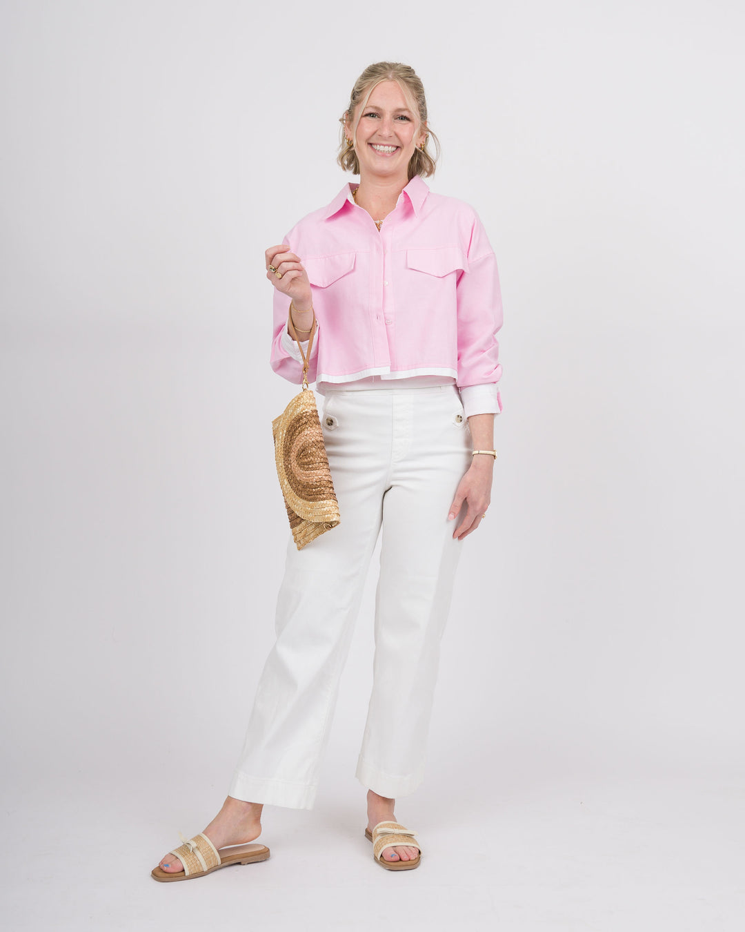 Pink Cropped Button Down Top