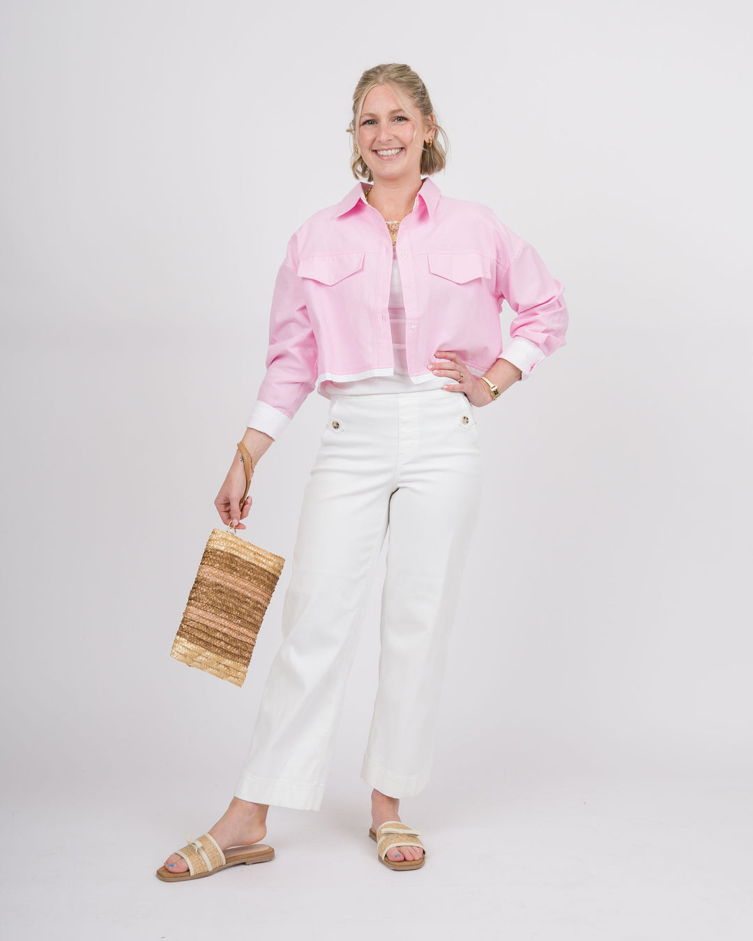 Pink Cropped Button Down Top