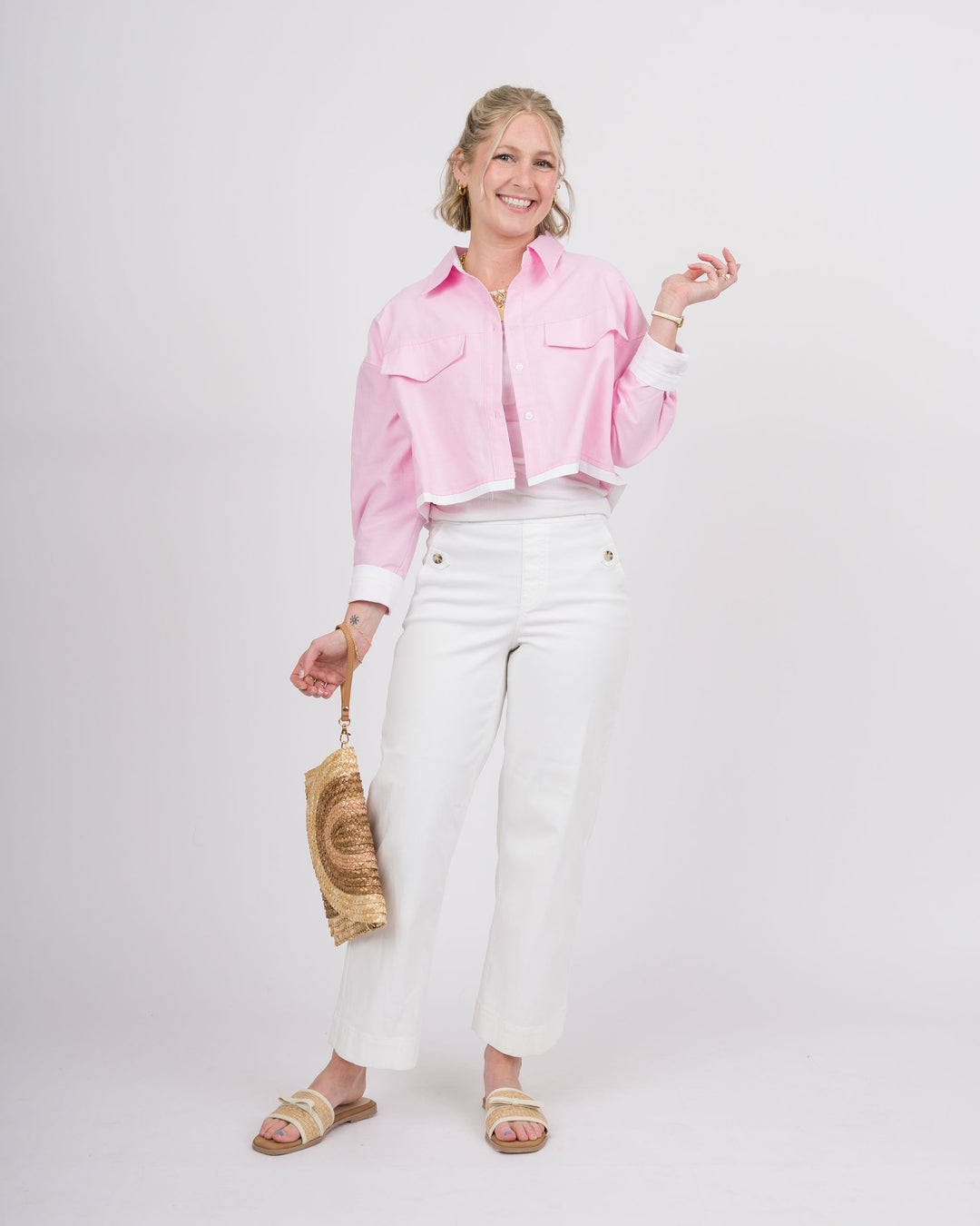 Pink Cropped Button Down Top