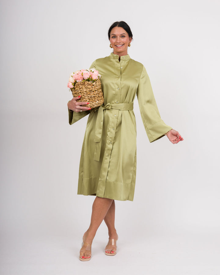 Satin Kimono Sleeve Shirt Dress - Light Moss