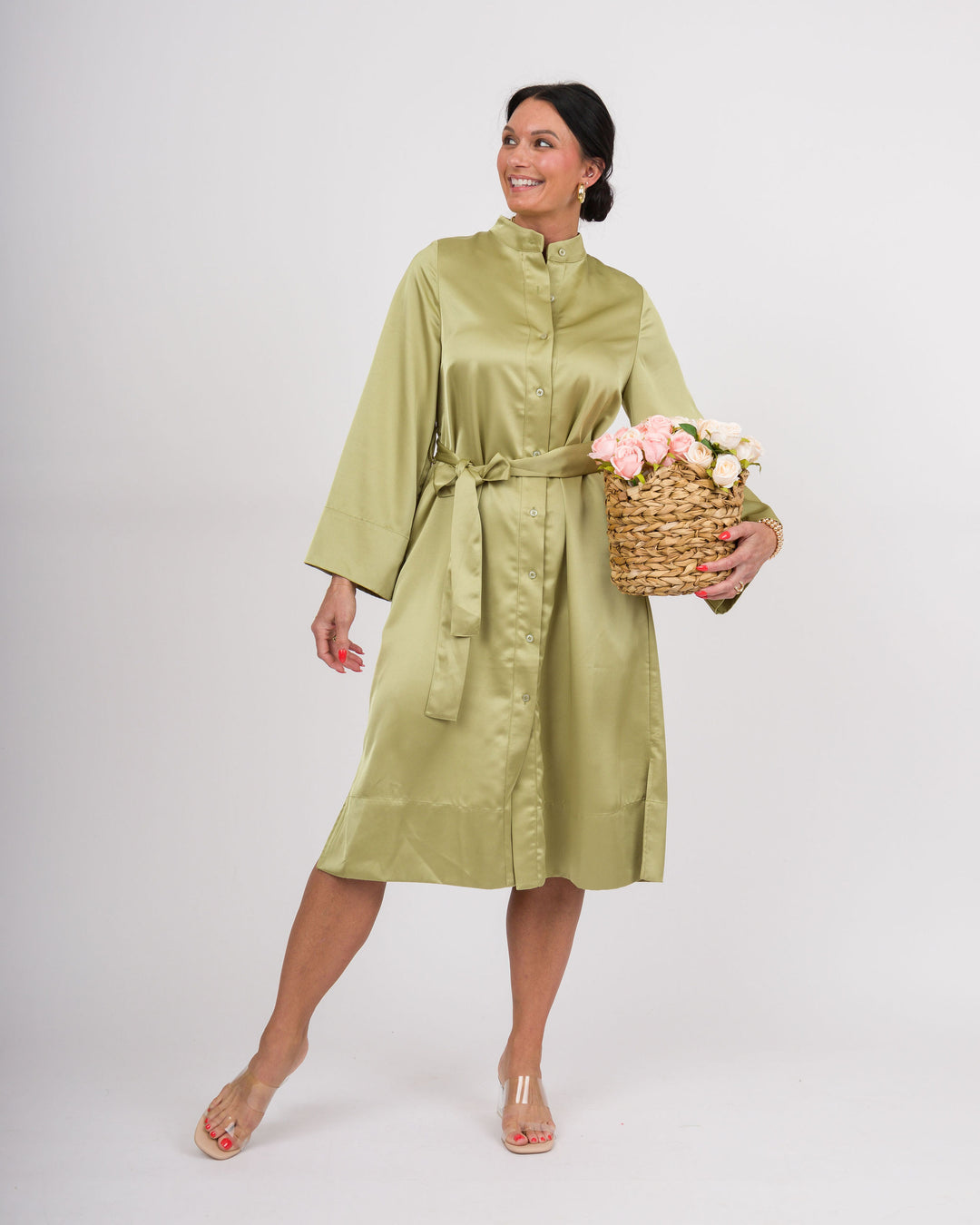 Satin Kimono Sleeve Shirt Dress - Light Moss