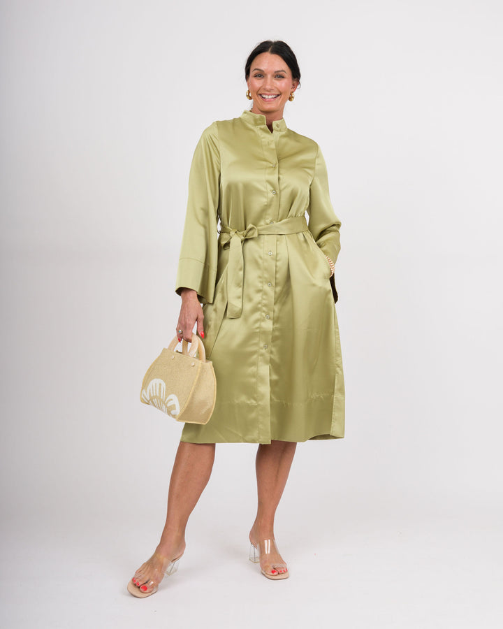 Satin Kimono Sleeve Shirt Dress - Light Moss
