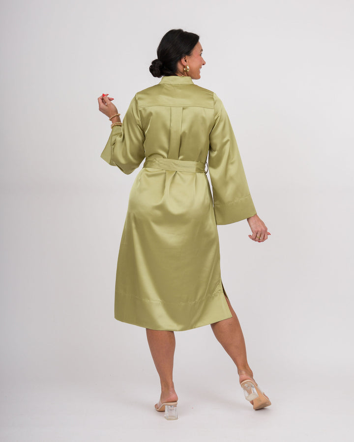 Satin Kimono Sleeve Shirt Dress - Light Moss