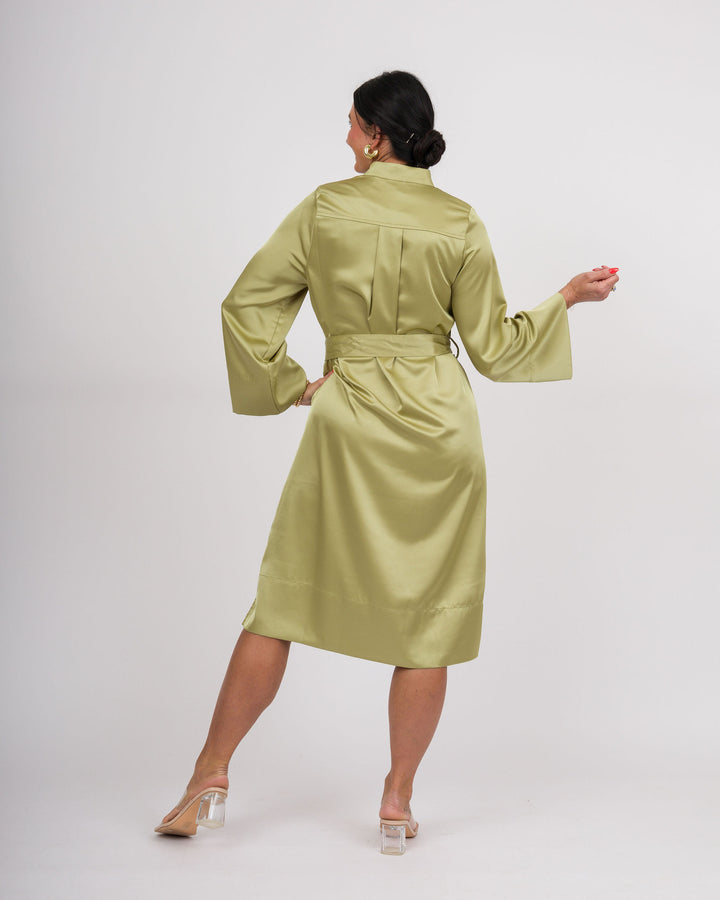 Satin Kimono Sleeve Shirt Dress - Light Moss