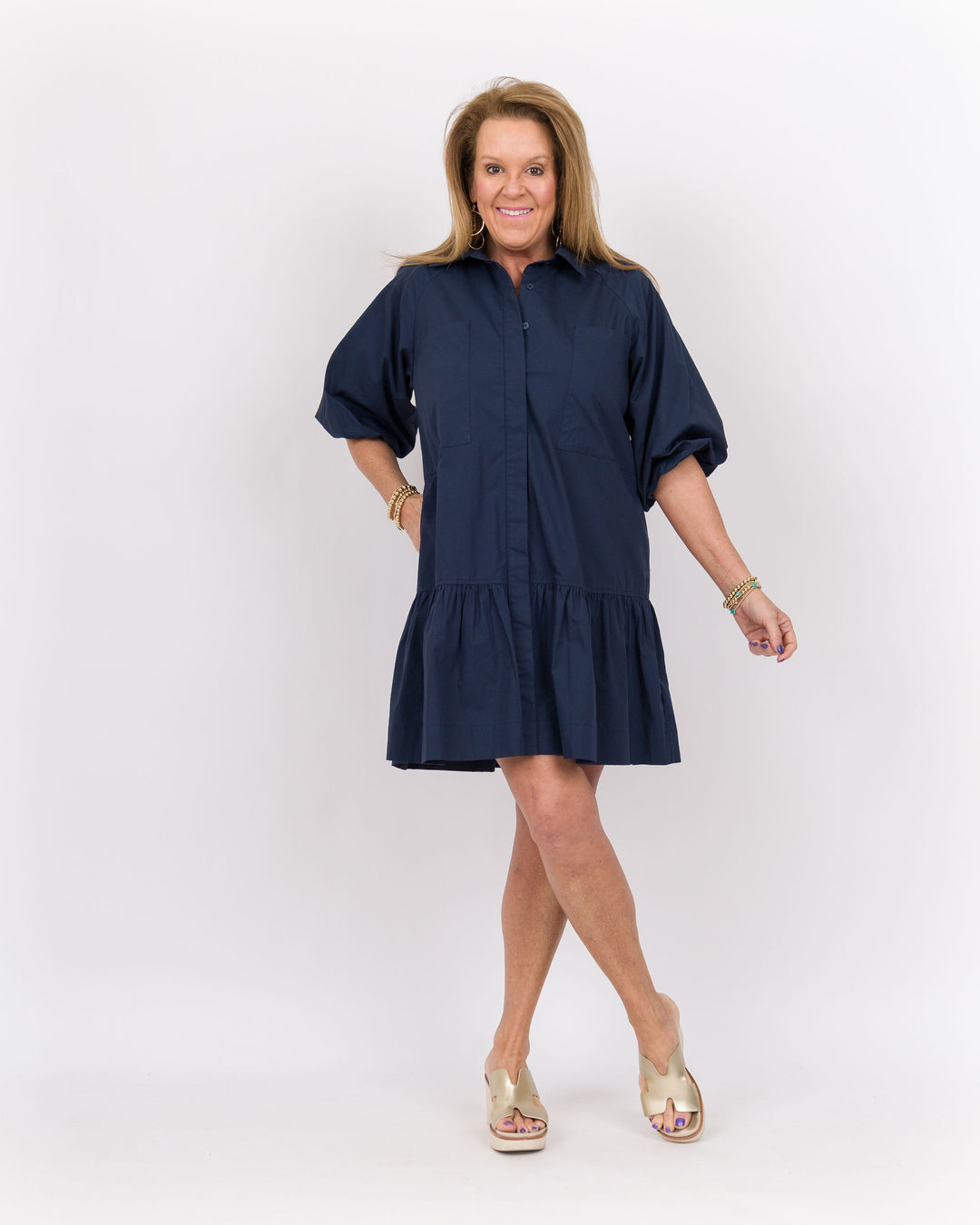 Puff Sleeve Dress-Navy