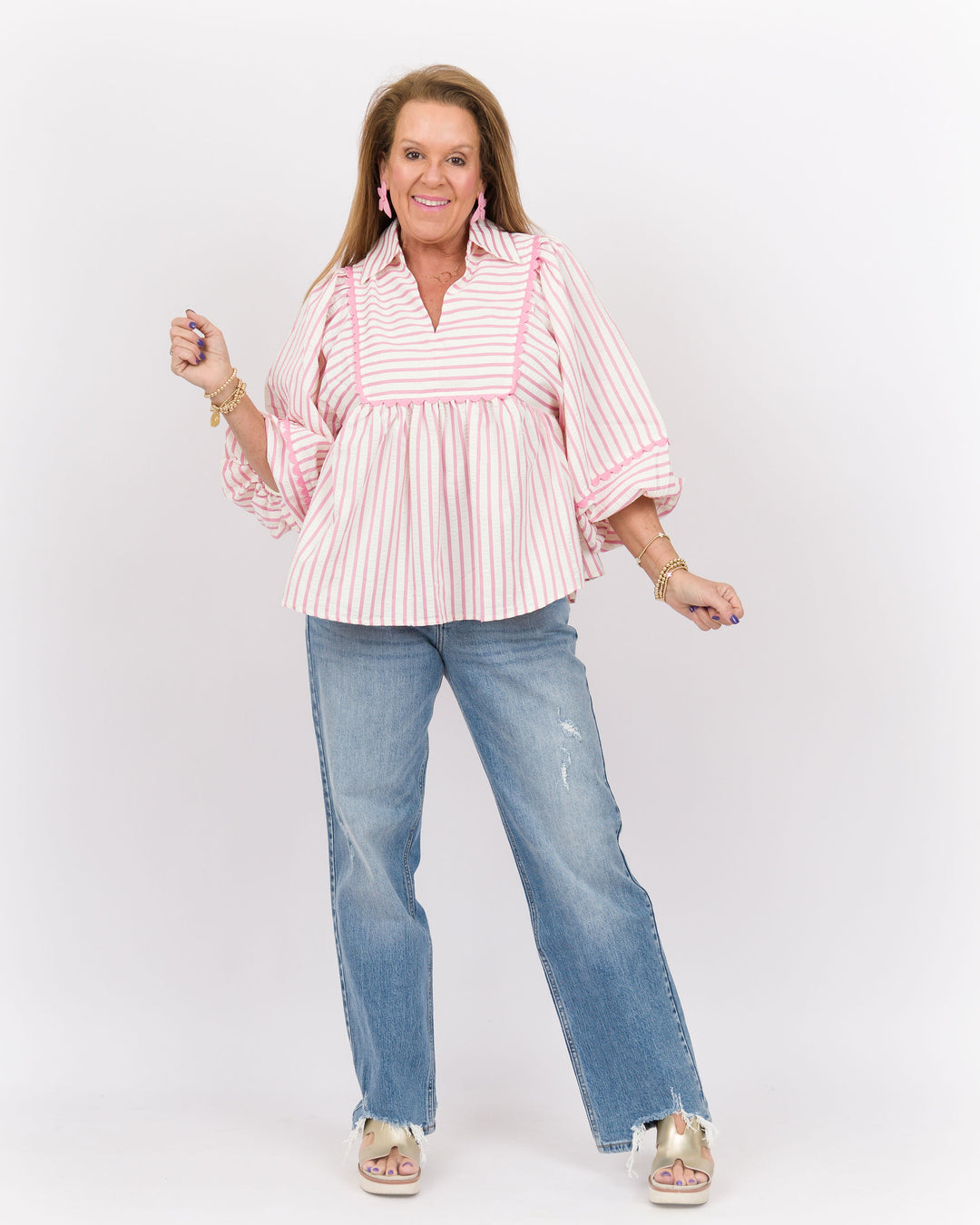 Bubble Sleeve Top Pink Stripe