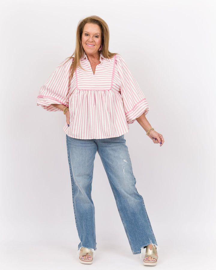 Bubble Sleeve Top Pink Stripe