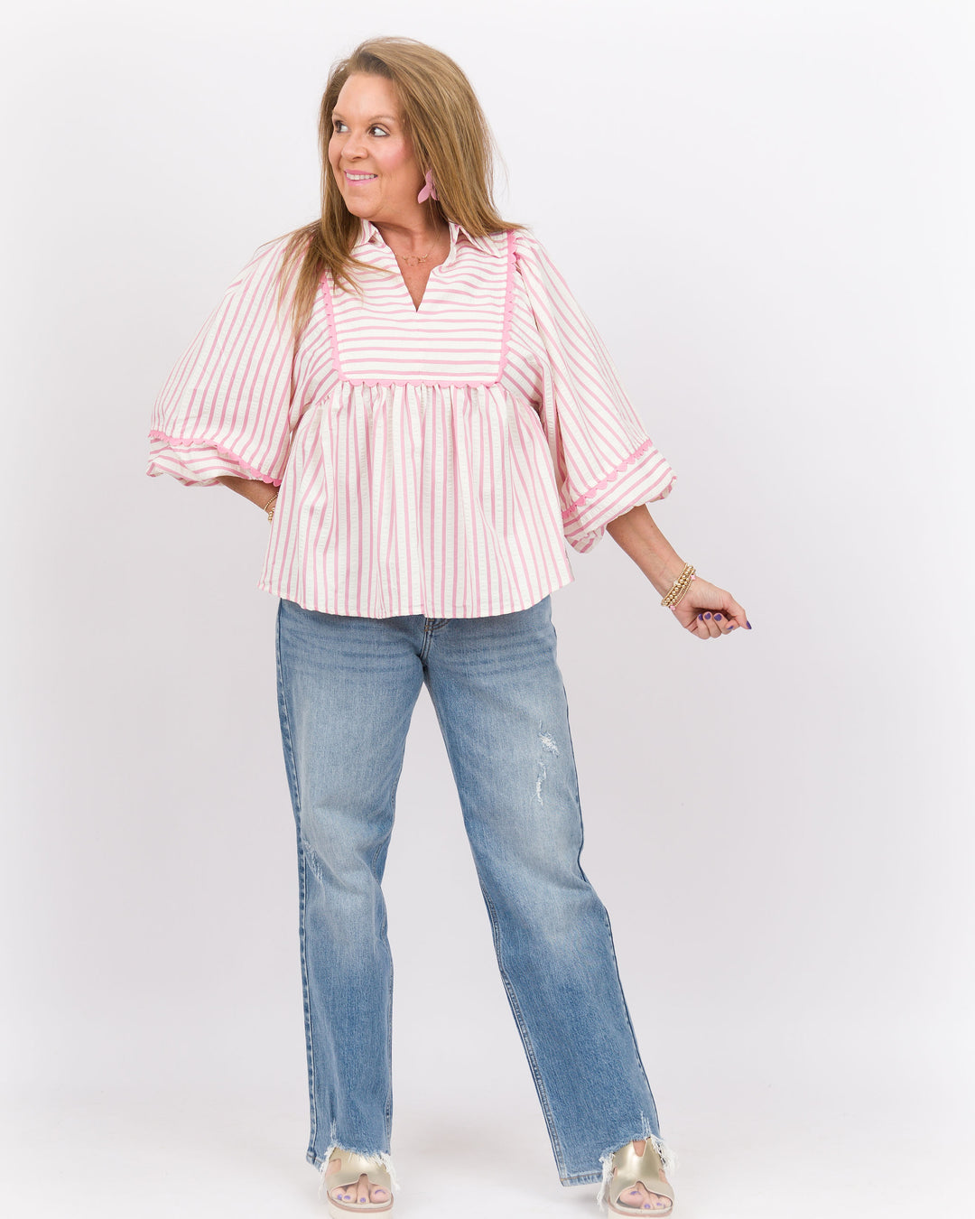 Bubble Sleeve Top Pink Stripe