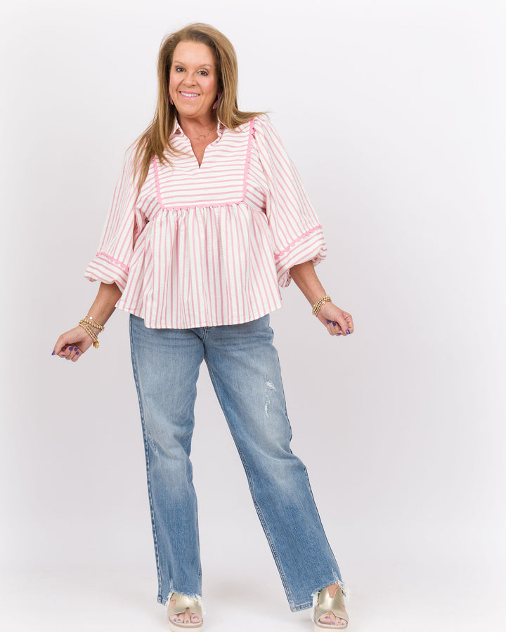 Bubble Sleeve Top Pink Stripe