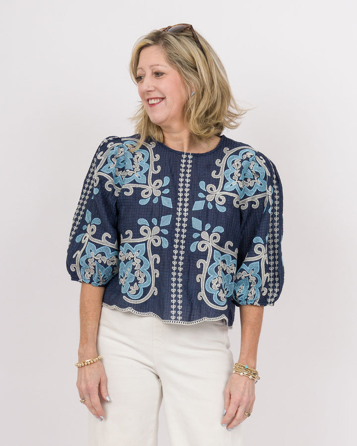 Sue Ellen Embroidered Top Navy