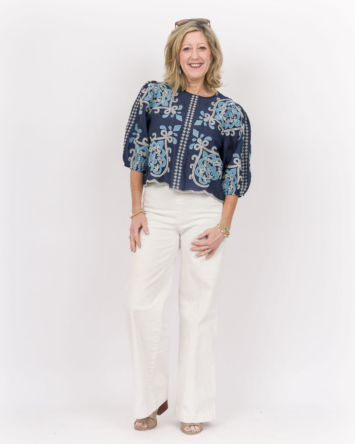 Sue Ellen Embroidered Top Navy