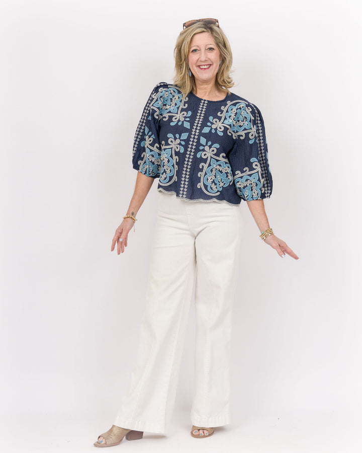 Sue Ellen Embroidered Top Navy