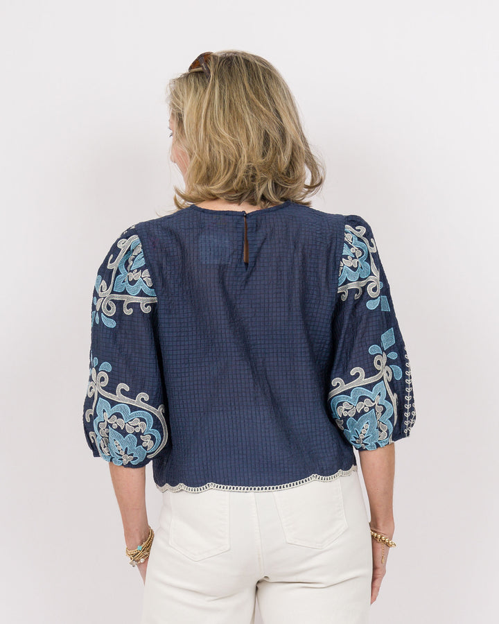 Sue Ellen Embroidered Top Navy