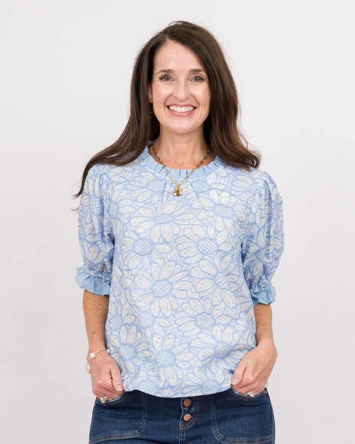 Sadie Embroidered Top-Slate Blue