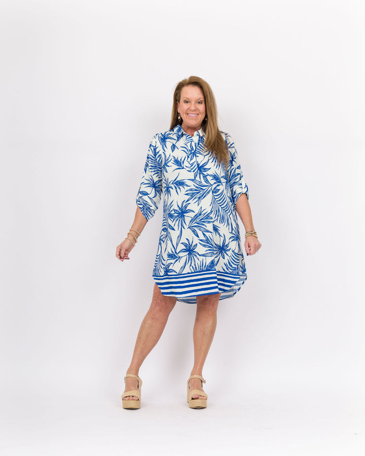 Summer Leaf Print Collared Shirt Dress