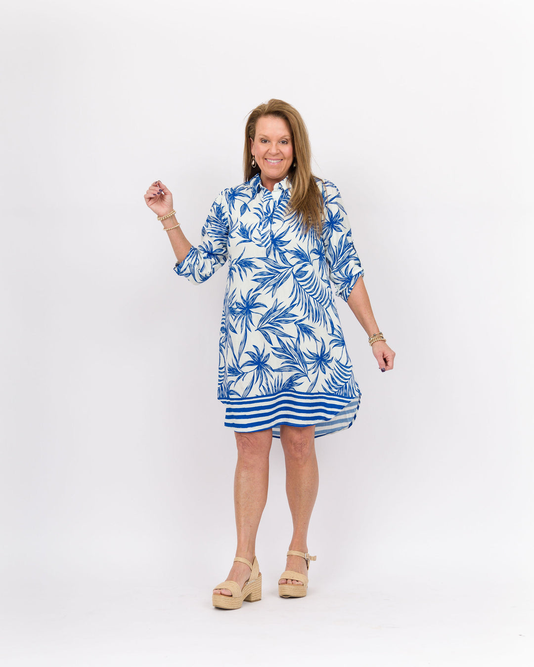 Summer Leaf Print Collared Shirt Dress