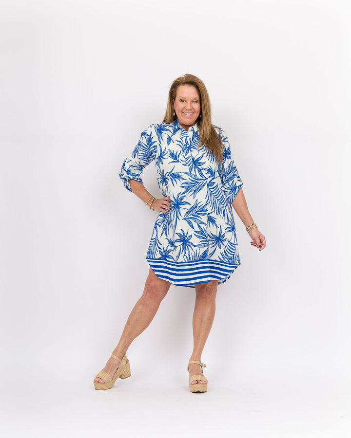 Summer Leaf Print Collared Shirt Dress