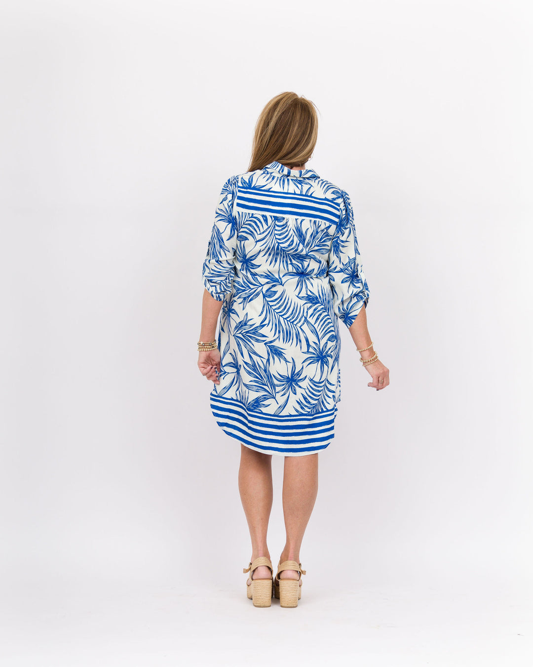 Summer Leaf Print Collared Shirt Dress