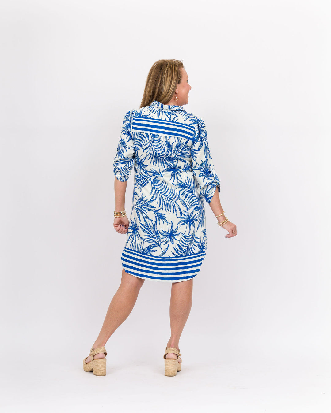 Summer Leaf Print Collared Shirt Dress